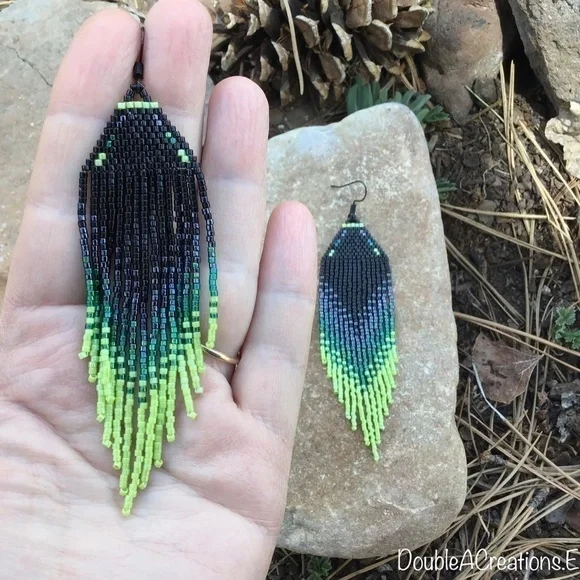 𝅺Black and Lime Green Beaded Earrings with Fringe, New, Handmade by Me - Picture 10 of 11